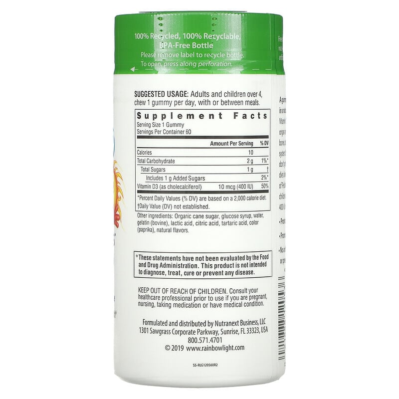 Rainbow Light, Sunny Gummies, Vitamin D3, For Ages 4 & Above, Tangy Mandarin Orange, 400 IU, 60 Gummies 21888120536