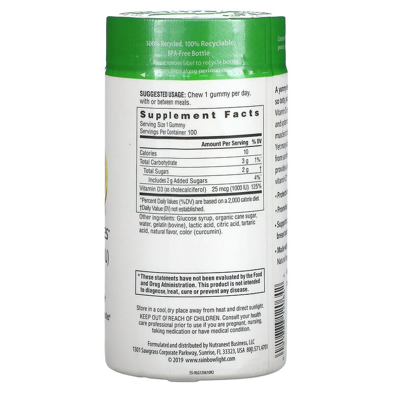 Rainbow Light, Sunny Gummies Vitamin D3, Lemon, 1,000 IU, 100 Gummies 21888120642