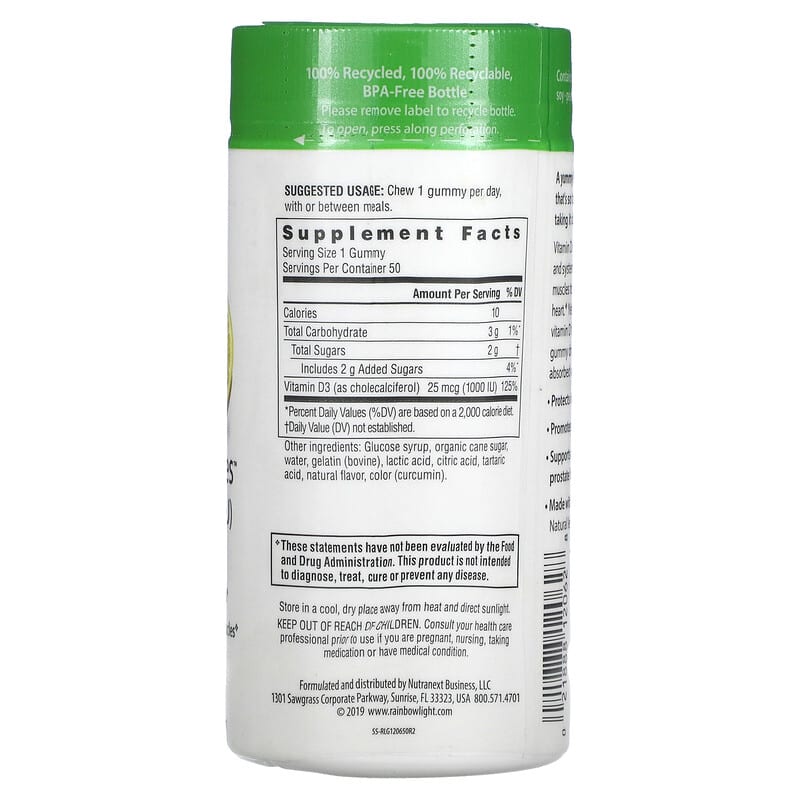 Rainbow Light, Sunny Gummies, Vitamin D3, Lemon, 1,000 IU, 50 Gummies 21888120628