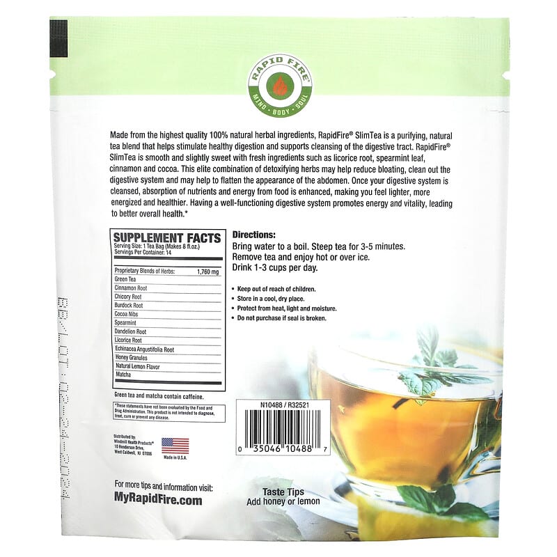 RAPIDFIRE, SlimTea, Herbal Teatox, Lemon, 14 Tea Bags 35046104887