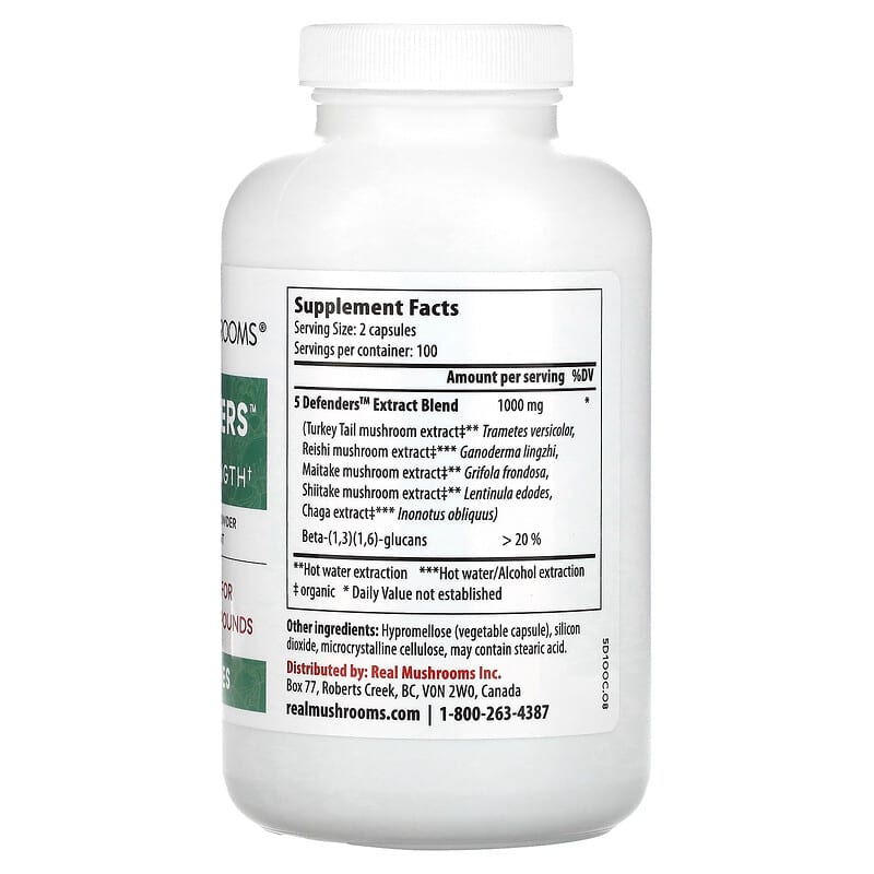 Real Mushrooms, 5 Defenders, Mushroom Extract Powder, 200 Capsules 628110068231