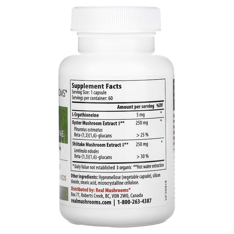 Real Mushrooms, ERGO + L-Ergothioneine, 60 Capsules 628110068385