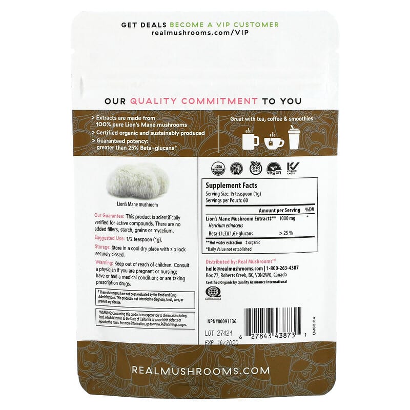 Real Mushrooms, Lion's Mane, Cognition, Bulk Powder, 2.12 oz (60 g) 627843438731