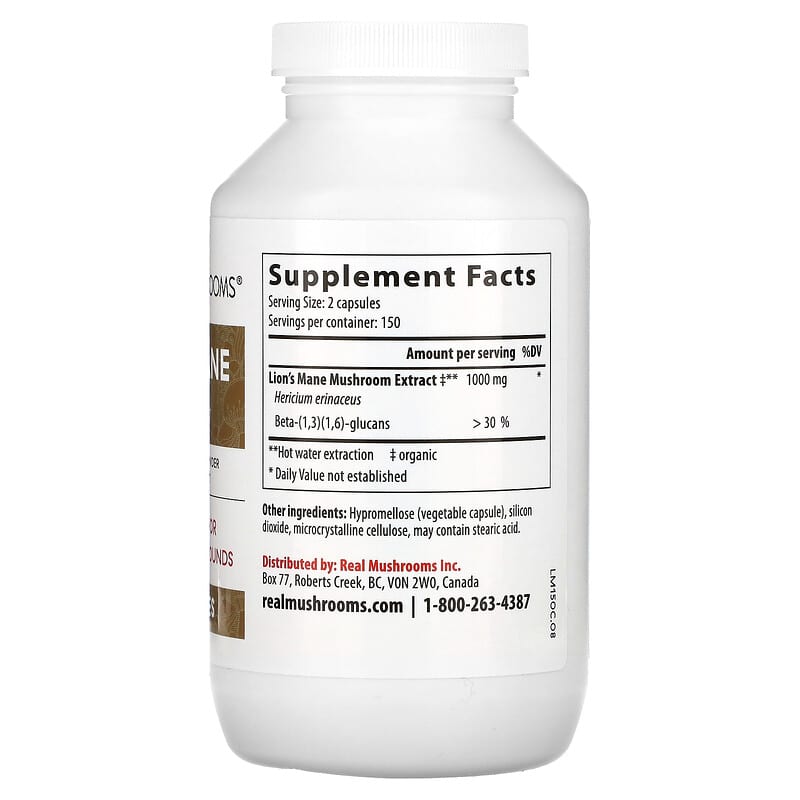 Real Mushrooms, Lion's Mane, Mushroom Extract Powder, 300 Capsules 628110068293