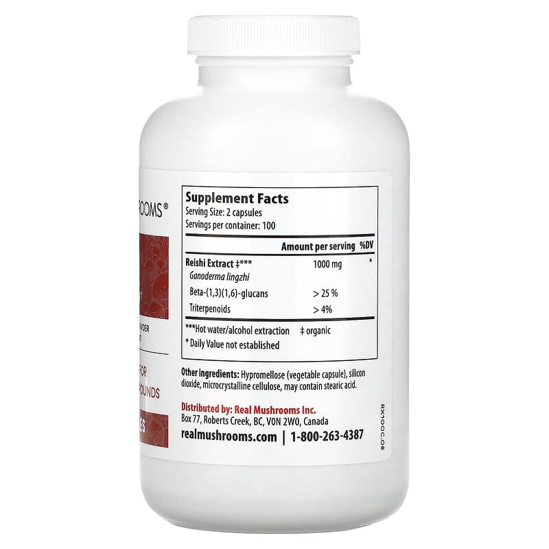 Real Mushrooms, Reishi, Mushroom Extract Powder, 200 Capsules 628110068255
