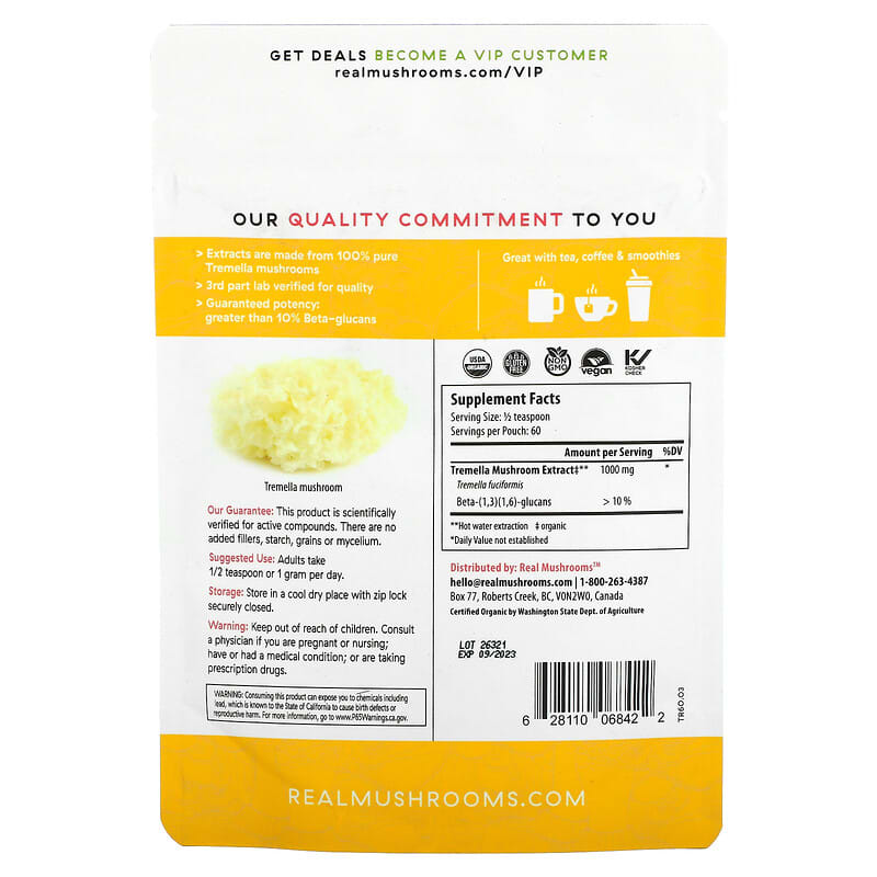 Real Mushrooms, Tremella, Organic Mushroom Extract Powder, 2.12 oz (60 g) 628110068422