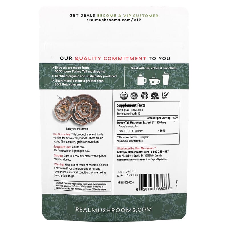 Real Mushrooms, Turkey Tail, Organic Mushroom Extract Powder, 1.59 oz (45 gm) 628110068033