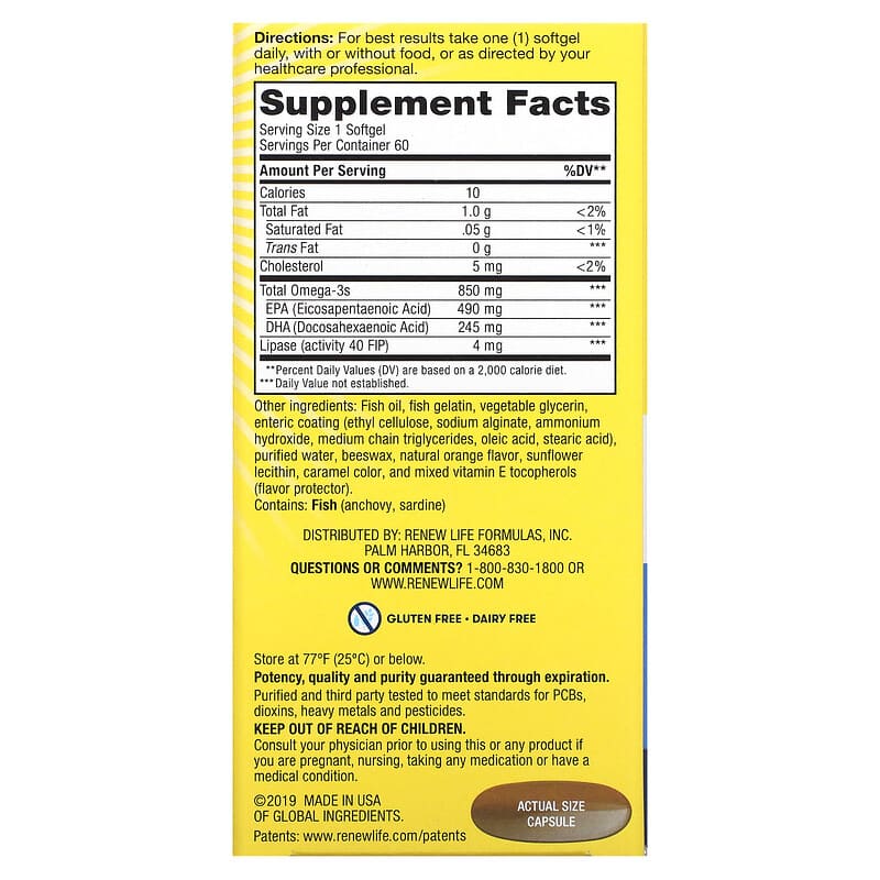 Renew Life, Critical Omega, Norwegian Gold Omega-3 Fish Oil, 60 Enteric-Coated Softgels 631257155795