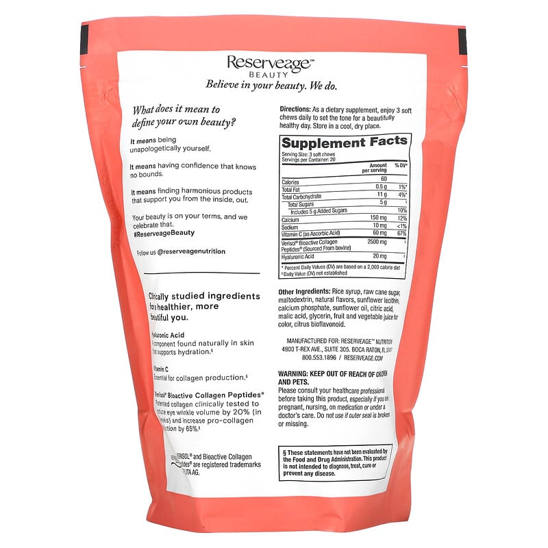 Reserveage Nutrition, Collagen Replenish Chews, Mixed Fruit, 60 Soft Chews 859569002488