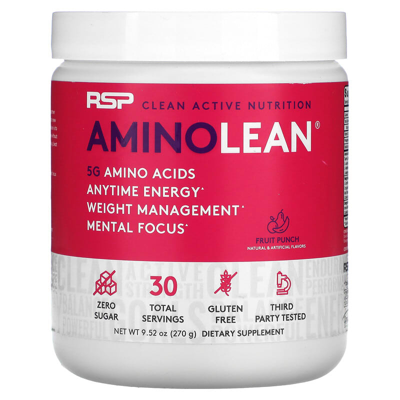 RSP Nutrition AminoLean 5 g Amino Acids + Anytime Energy Fruit Punch 9.52 oz (270 g) 854446006016