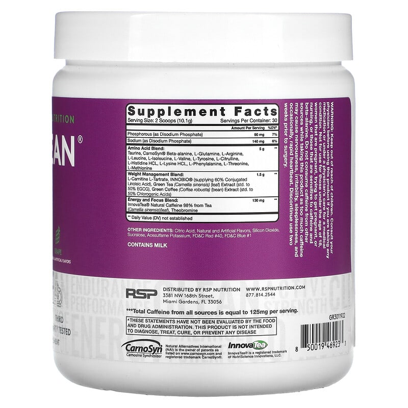 RSP Nutrition, AminoLean, 5 g Amino Acids + Anytime Energy, Grape, 10.7 oz (303 g) 850019469233