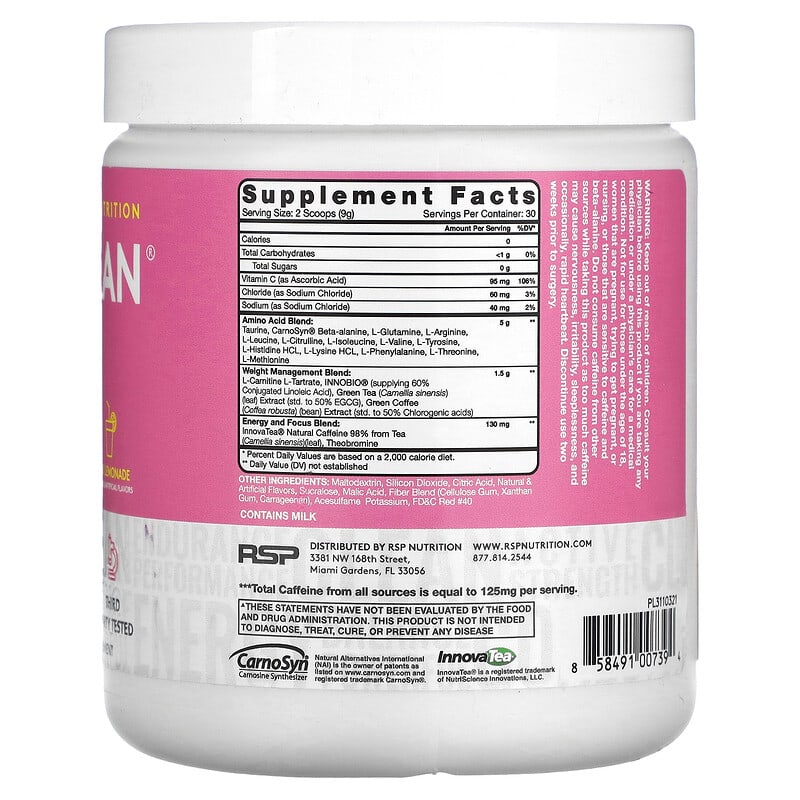 RSP Nutrition, AminoLean, 5 g Amino Acids + Anytime Energy, Pink Lemonade, 9.52 oz (270 g) 858491007394