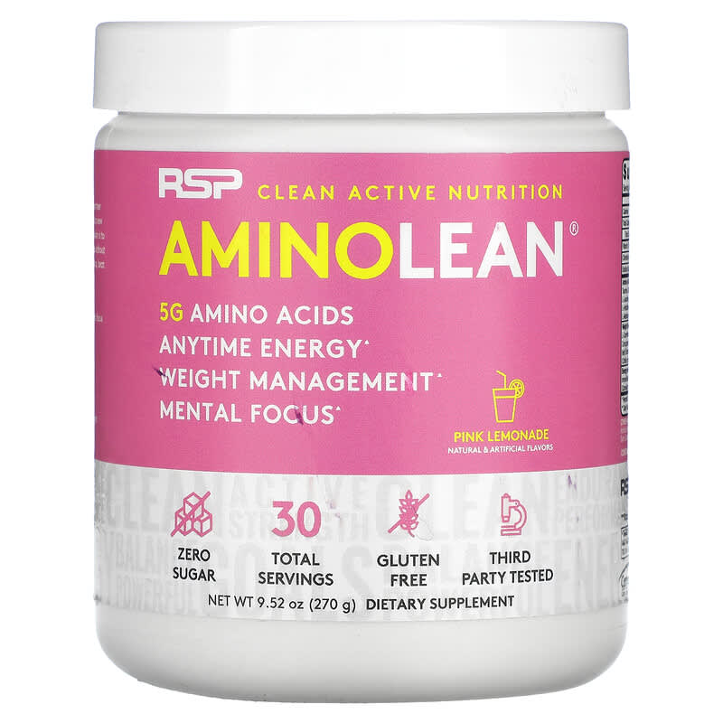 RSP Nutrition AminoLean 5 g Amino Acids + Anytime Energy Pink Lemonade 9.52 oz (270 g) 858491007394