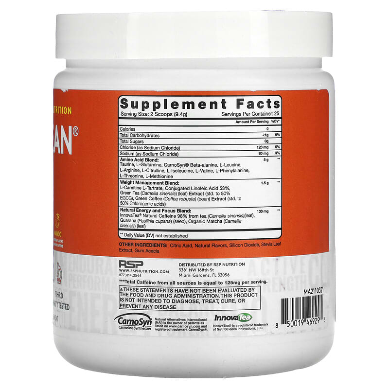 RSP Nutrition, AminoLean, 5 g Vegan Amino Acids + Anytime Energy, Mango, 8.29 oz (235 g) 850019469295