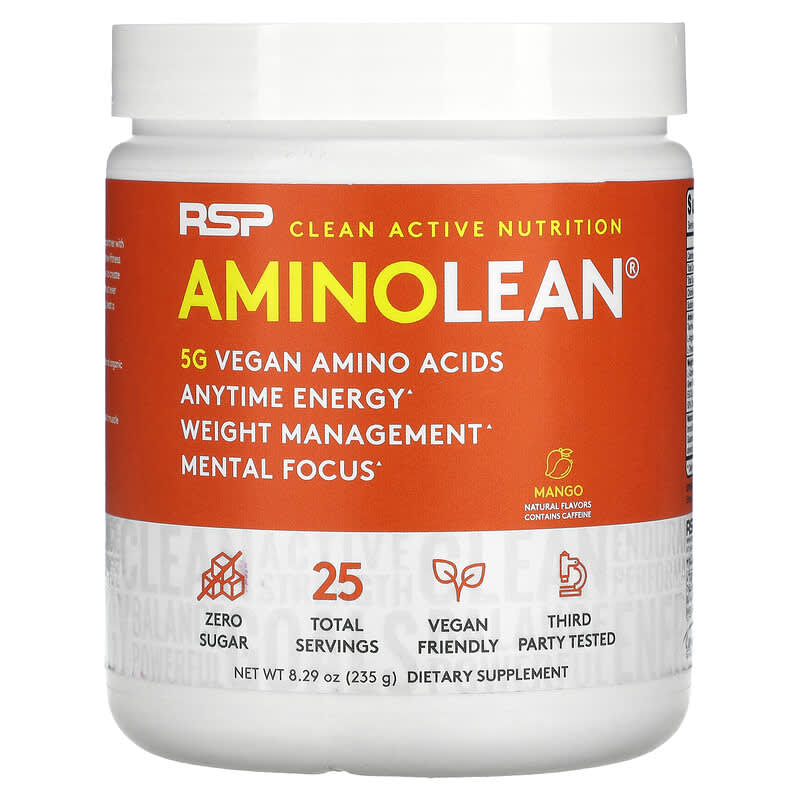 RSP Nutrition AminoLean 5 g Vegan Amino Acids + Anytime Energy Mango 8.29 oz (235 g) 850019469295