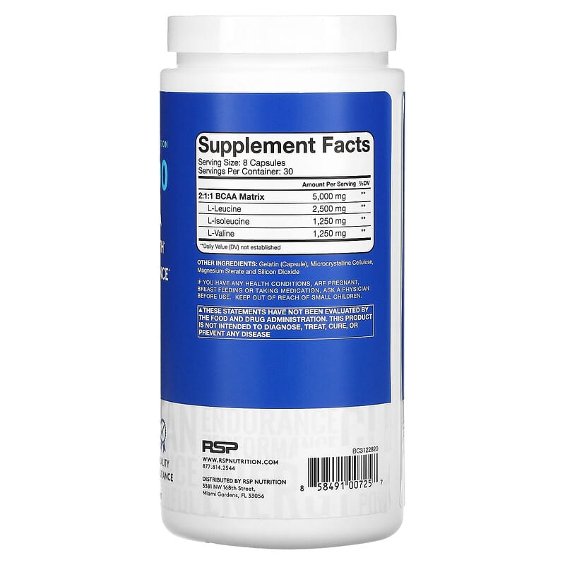 RSP Nutrition, BCAA 5000, Instantized BCAA, 240 Capsules 858491007257