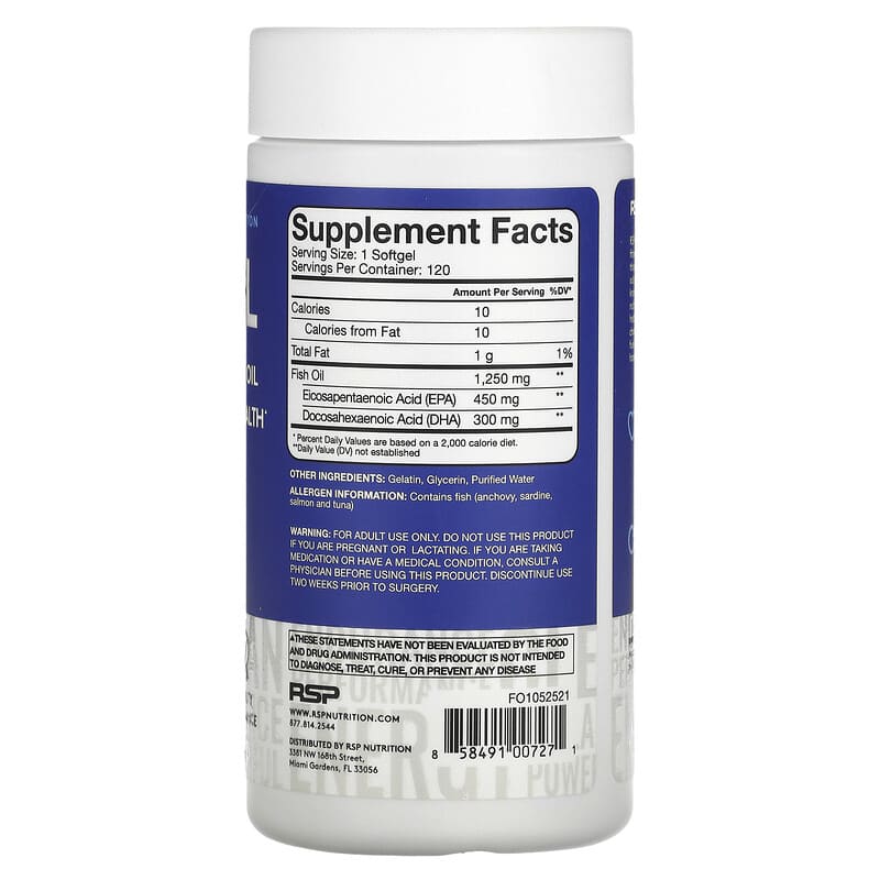 RSP Nutrition, Fish Oil, 1,250 mg, 120 Softgels 858491007271