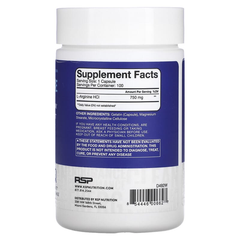 RSP Nutrition, L-Arginine, 100 Capsules 854446006627