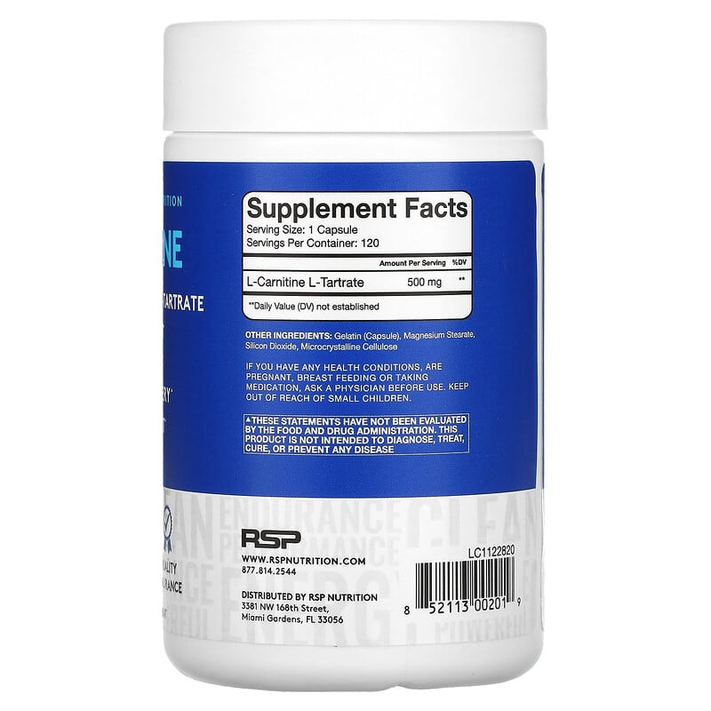 RSP Nutrition, L-Carnitine, Weight Management, 500 mg, 120 Capsules 852113002019
