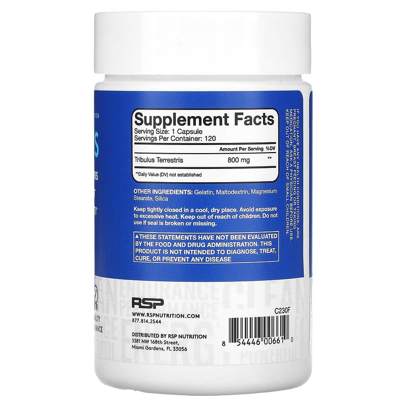 RSP Nutrition, Tribulus, Testosterone Support, 800 mg, 120 Capsules 854446006610