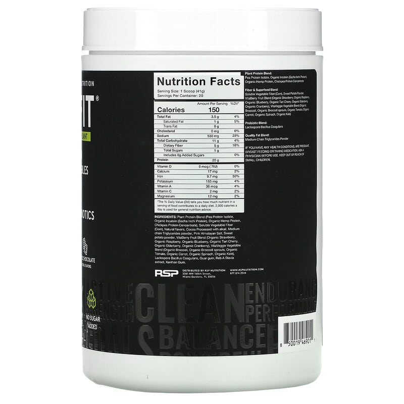 RSP Nutrition, TrueFit Plant Protein Shake, Salted Chocolate, 1.81 lbs (820 g) 850019469011