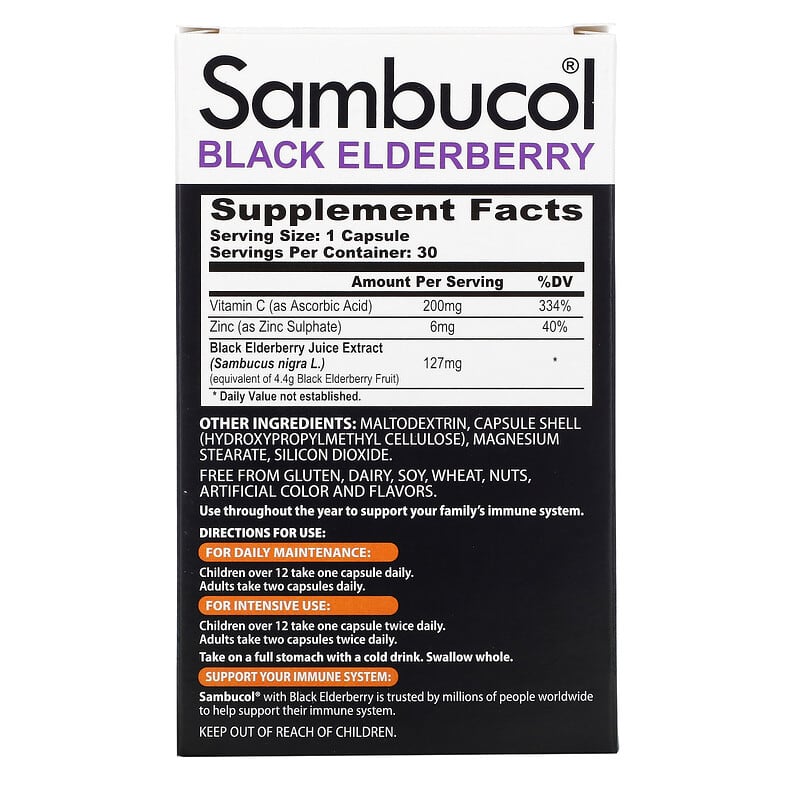 Sambucol, Black Elderberry Capsules, Advanced Immune + Vitamin C + Zinc, 30 Capsules 896116001624