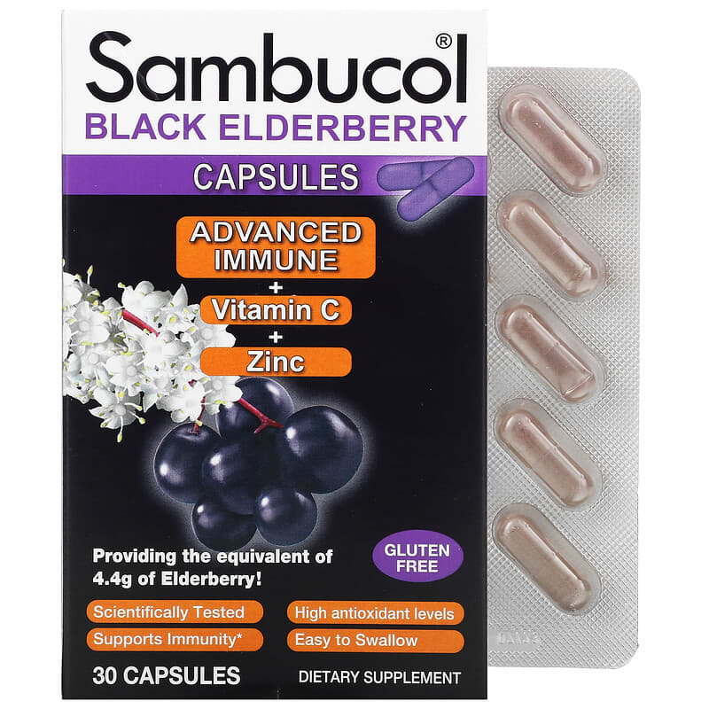 Sambucol Black Elderberry Capsules Advanced Immune + Vitamin C + Zinc 30 Capsules 896116001624