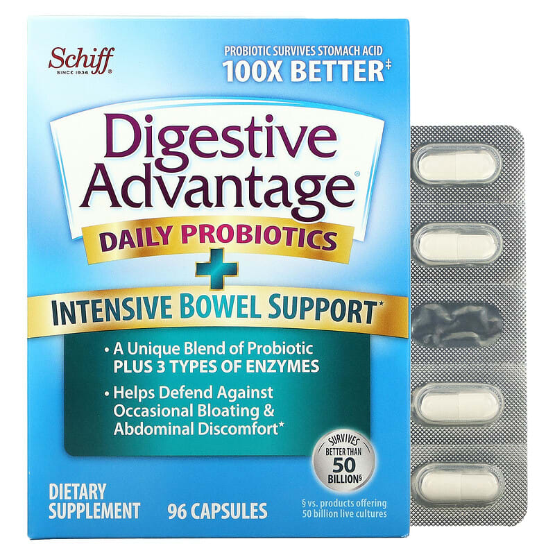 Schiff Digestive Advantage Daily Probiotics + Intensive Bowel Support 96 Capsules 815066001171
