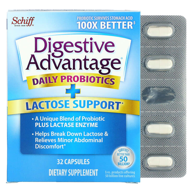 Schiff Digestive Advantage Daily Probiotics + Lactose Support 32 Capsules 815066001010