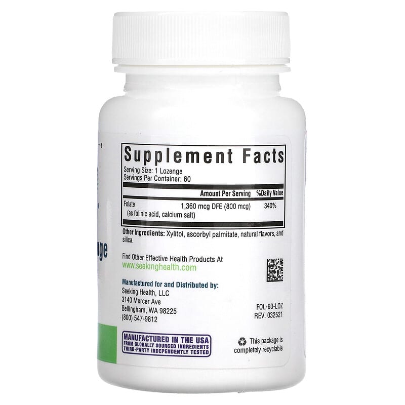 Seeking Health, Folinic Acid Lozenge, 1,360 mcg DFE, 60 Lozenges 810007520360