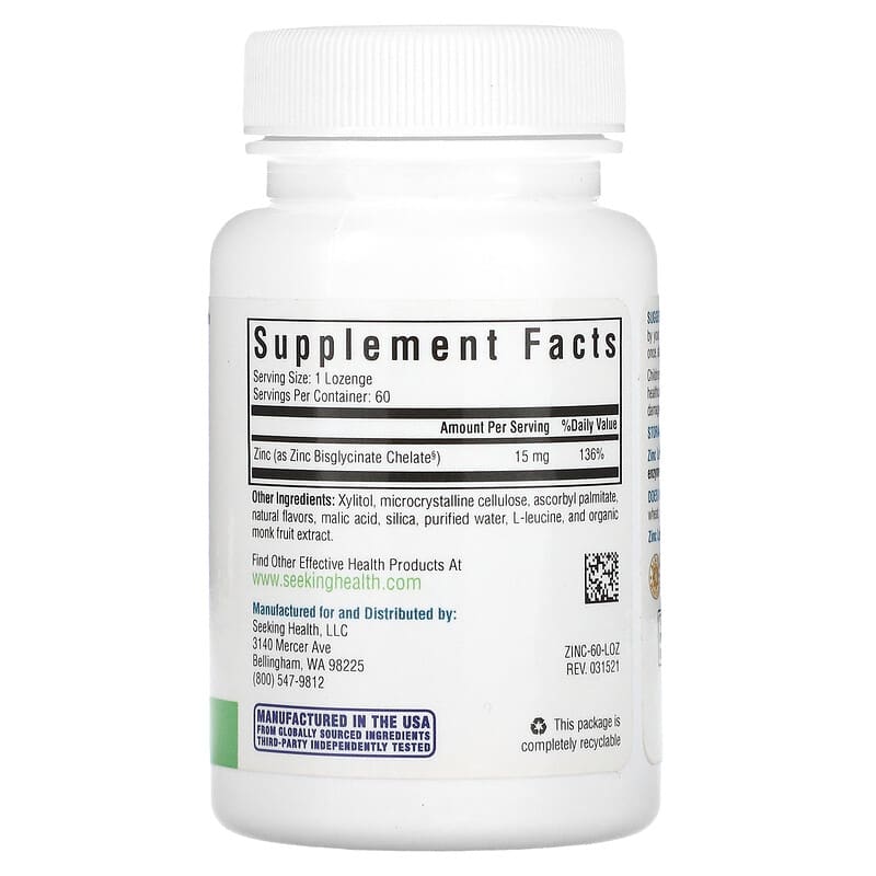 Seeking Health, Zinc Lozenge , 15 mg, 60 Lozenges 810007521381
