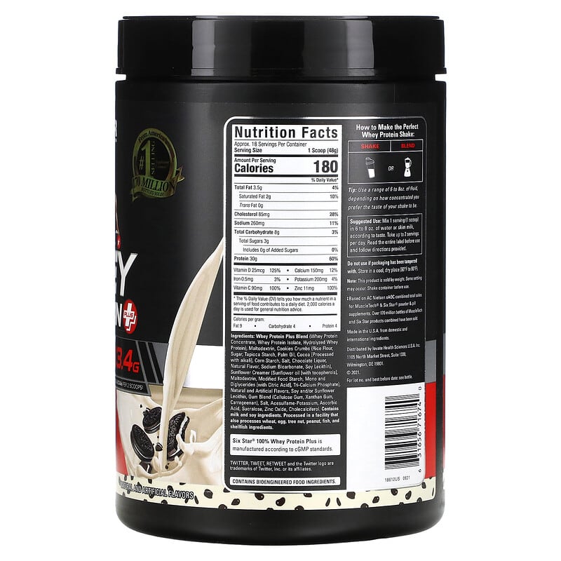 Six Star, Elite Series, 100% Whey Protein Plus, Cookies & Cream, 1.85 lbs (839 g) 631656716740