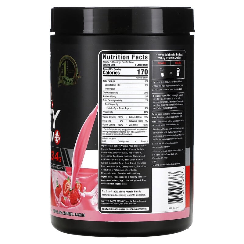 Six Star, Elite Series, 100% Whey Protein Plus, Strawberry Smoothie, 1.8 lbs (816 g) 631656716733