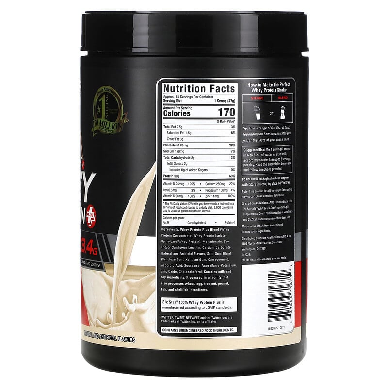 Six Star, Elite Series, 100% Whey Protein Plus, Vanilla Cream, 1.81 lbs (821 g) 631656716719