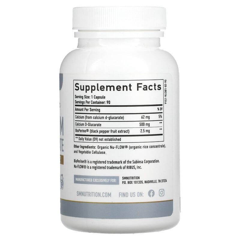 SMNutrition, Calcium D-Glucarate + BioPerine, 500 mg, 90 Capsules 850005458050