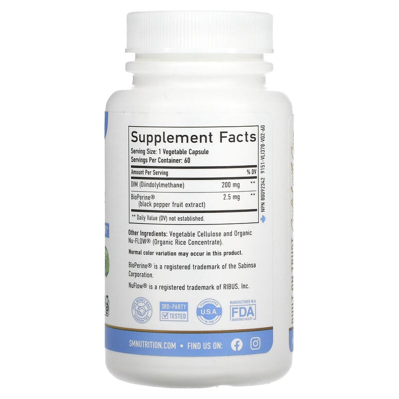 SMNutrition, DIM + BioPerine, 200 mg , 60 Capsules 850005458005