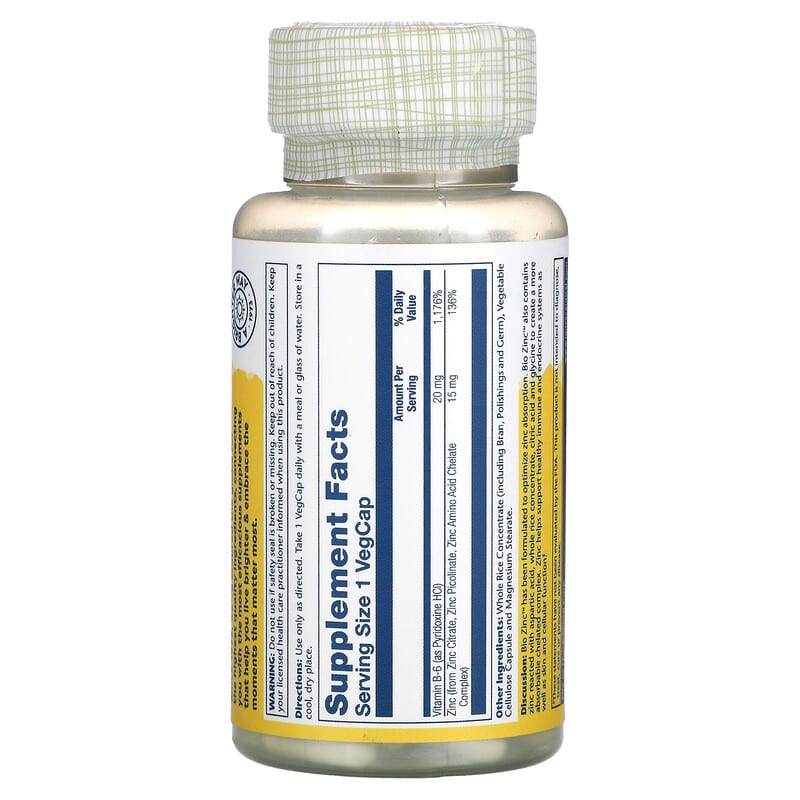 Solaray, Bio Zinc, 15 mg, 100 VegCaps 76280047059
