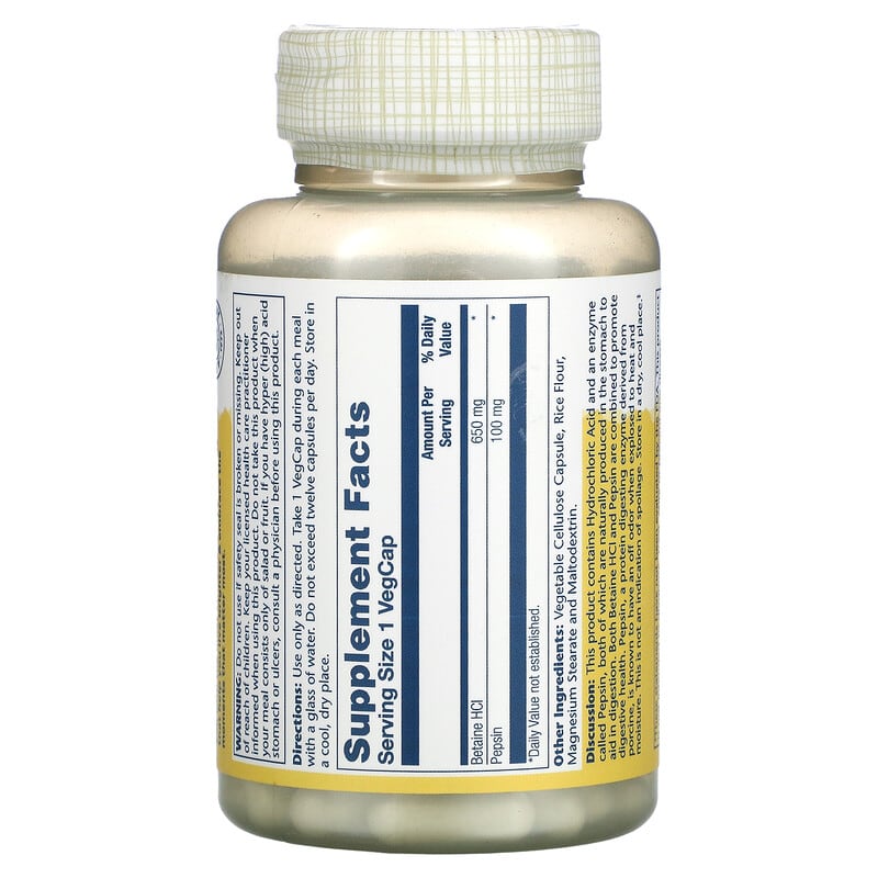 Solaray, High Potency Betaine HCL with Pepsin, 650 mg, 100 VegCaps 76280048148