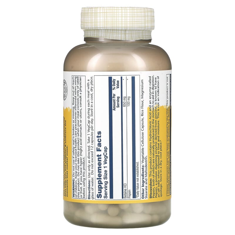 Solaray, High Potency Betaine HCL with Pepsin, 650 mg, 250 VegCaps 76280048155