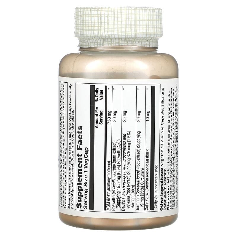 Solaray, MSM with Turmeric, Boswellia & Devil's Claw, 750 mg, 90 VegCaps 76280008623