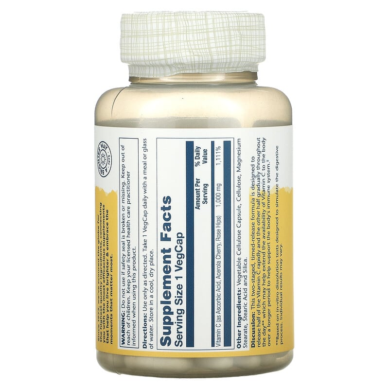 Solaray, Timed Release Vitamin C with Rose Hips & Acerola, 1,000 mg, 100 VegCaps 76280044508