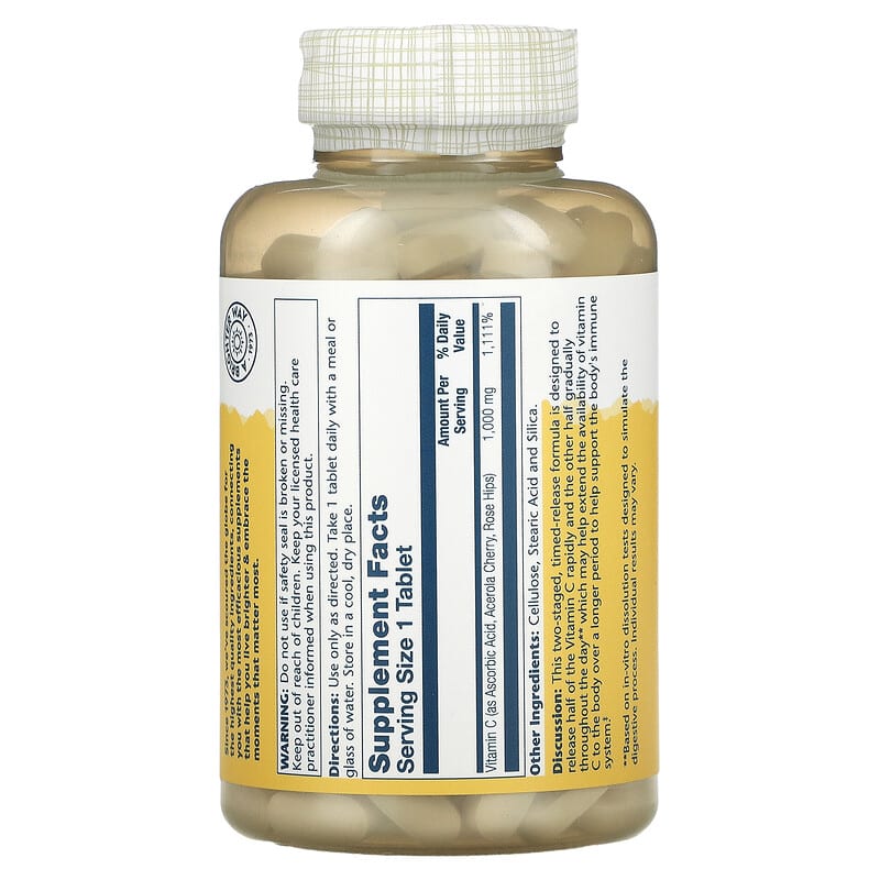 Solaray, Timed Release Vitamin C with Rose Hips & Acerola, 1,000 mg, 250 Tablets 76280044546