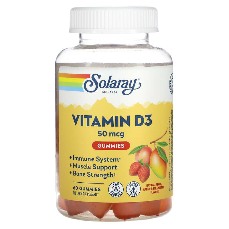 Solaray Vitamin D3 Gummies Natural Peach Mango & Strawberry 25 mcg 60 Gummies 76280672299