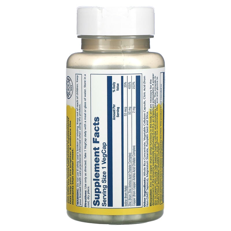 Solaray, Zinc Copper with Kelp & Pumpkin Seed, 100 VegCaps 76280471052
