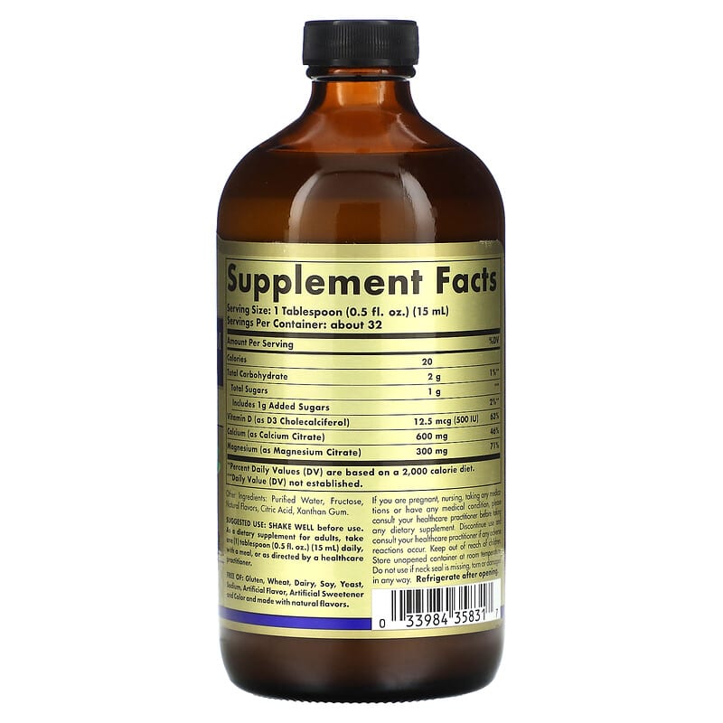 Solgar, Calcium Magnesium Citrate Liquid with Vitamin D3, Blueberry, 16 fl oz (473 ml) 33984358317