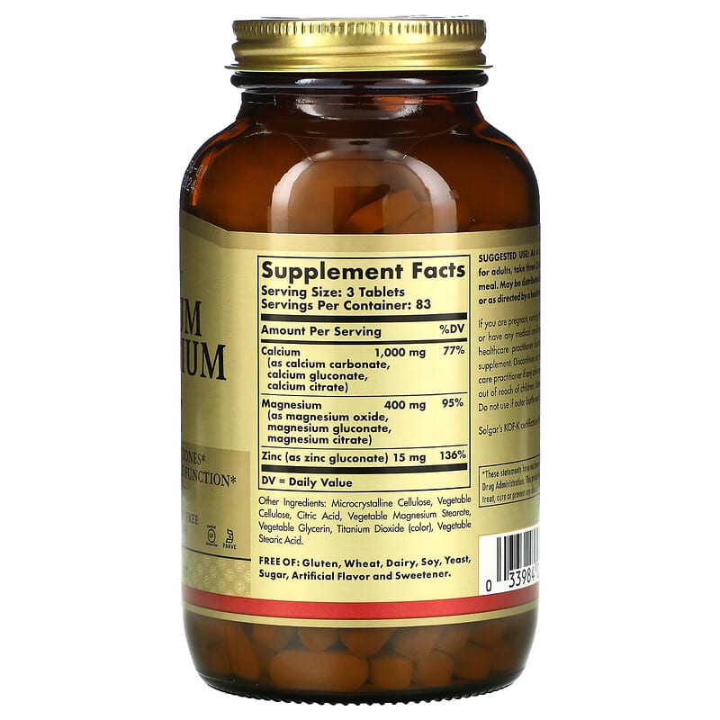 Solgar, Calcium Magnesium Plus Zinc, 250 Tablets 33984005211