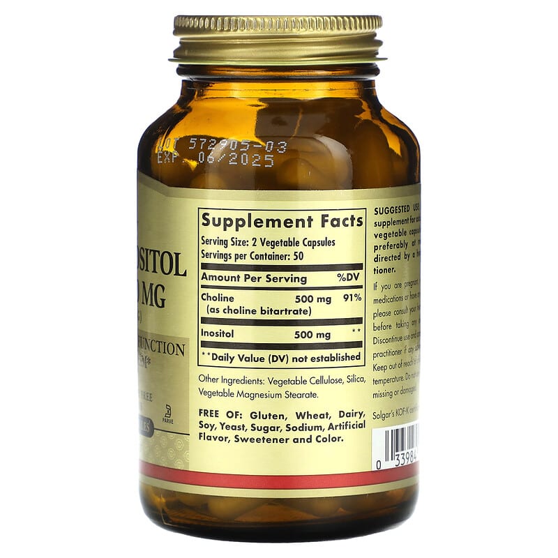 Solgar, Choline/Inositol, 250 mg, 100 Vegetable Capsules 33984008502