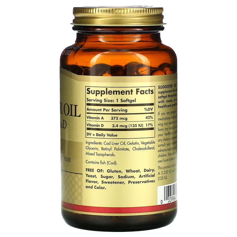 Solgar, Cod Liver Oil, Vitamins A & D, 250 Softgels 33984009417