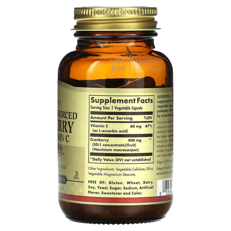 Solgar, Cranberry with Vitamin C, Naturally Sourced, 60 Vegetable Capsules 33984009554