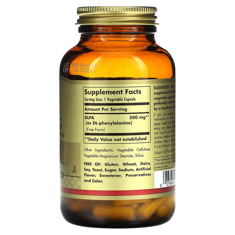 Solgar, DLPA, DL-Phenylalanine,  Free Form, 500 mg, 100 Vegetable Capsules 33984010116